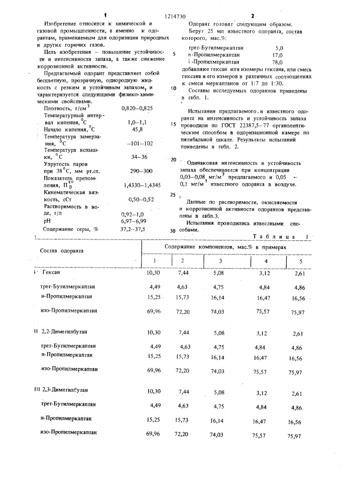 Одорант для природного газа (патент 1214730)