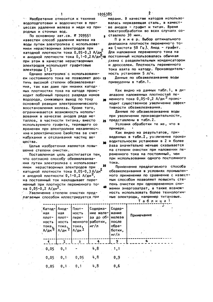 Способ обезжелезивания воды (патент 1006385)