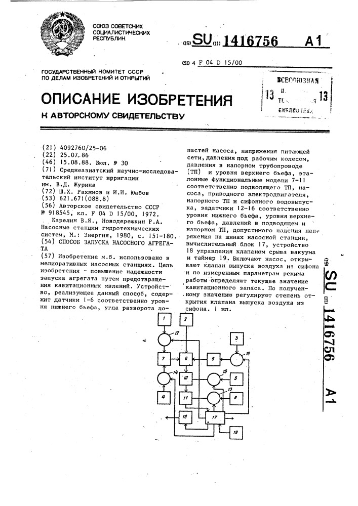 Способ запуска насосного агрегата (патент 1416756)