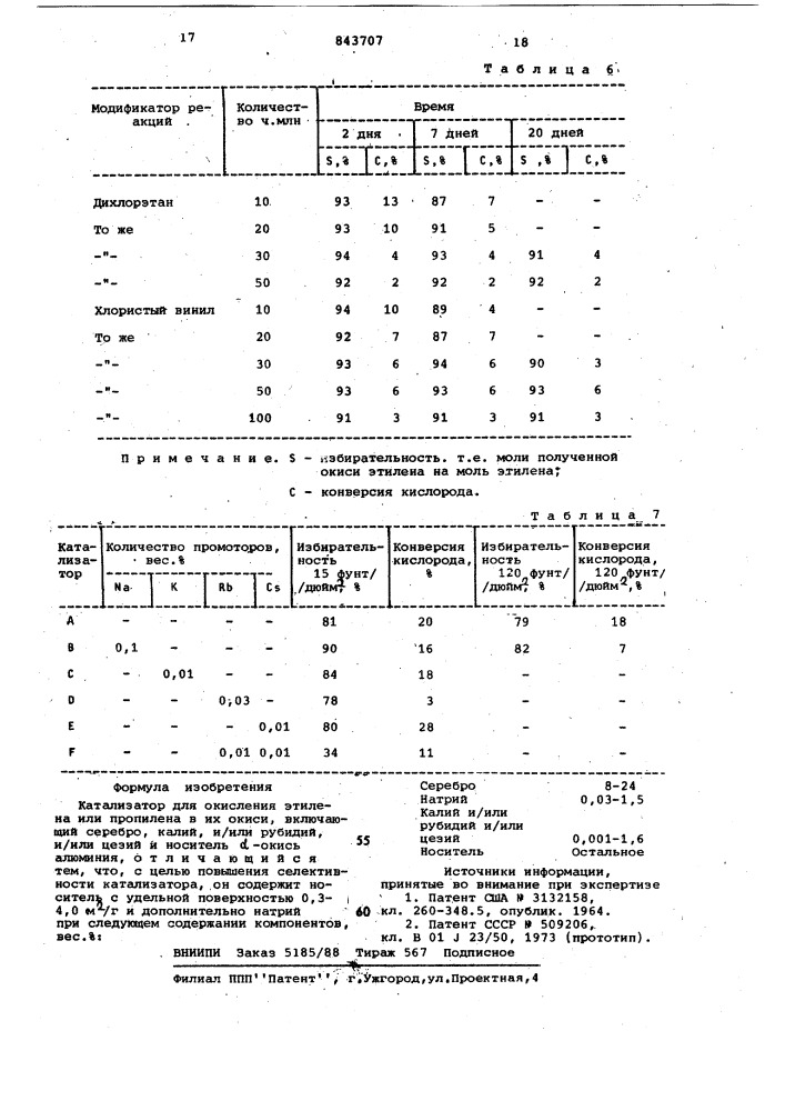 Катализатор для окисления этиленаили пропилена b их окиси (патент 843707)