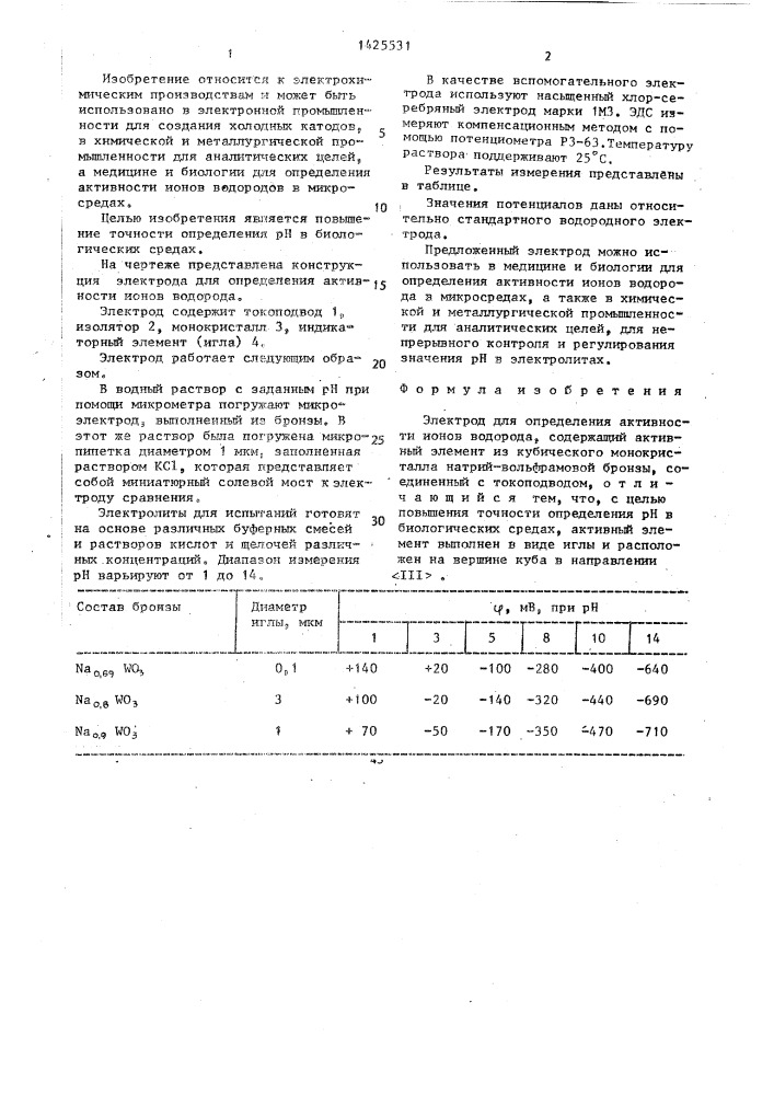 Электрод для определения активности ионов водорода (патент 1425531)