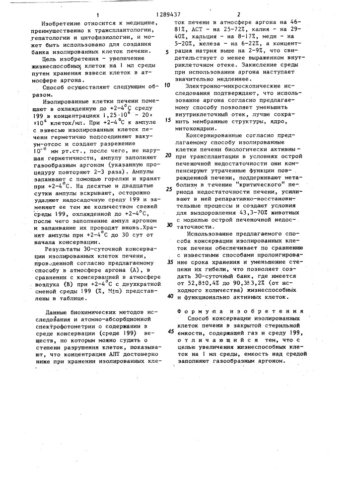 Способ консервации изолированных клеток печени (патент 1289437)
