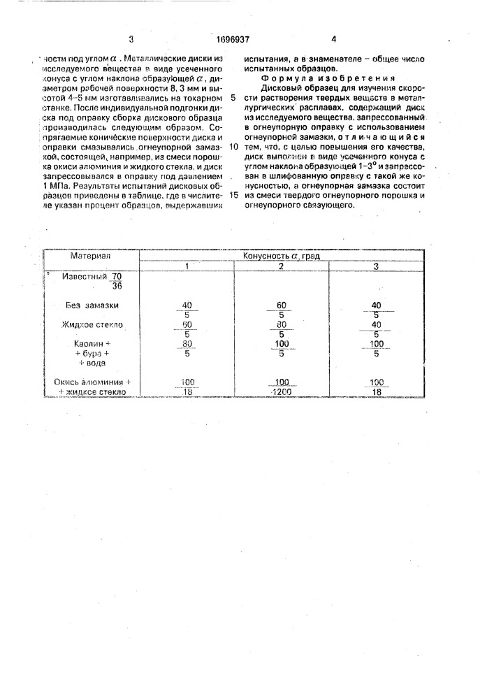 Дисковый образец для изучения скорости растворения твердых веществ в металлургических расплавах (патент 1696937)