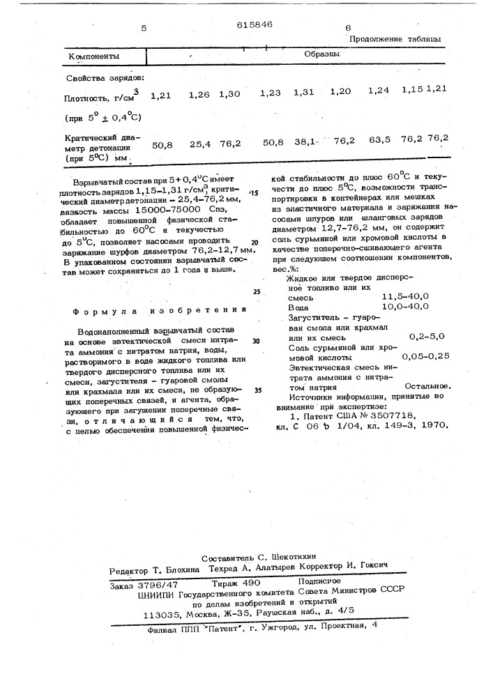 Водонаполненный взрывчатый состав (патент 615846)