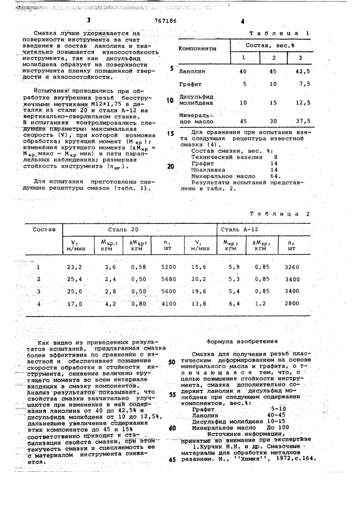 Смазка для получения резьб пластическим деформированием (патент 767186)