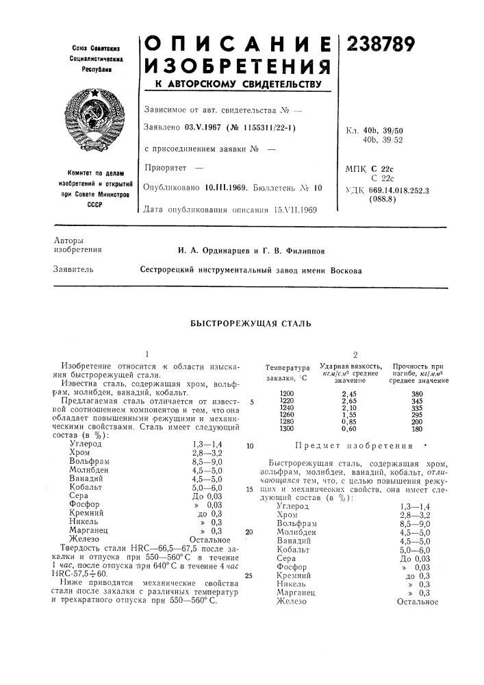 Быстрорежущая сталь (патент 238789)