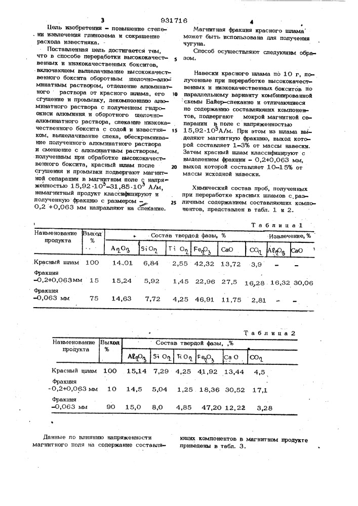 Способ переработки высококачественных и низкокачественных бокситов (патент 931716)