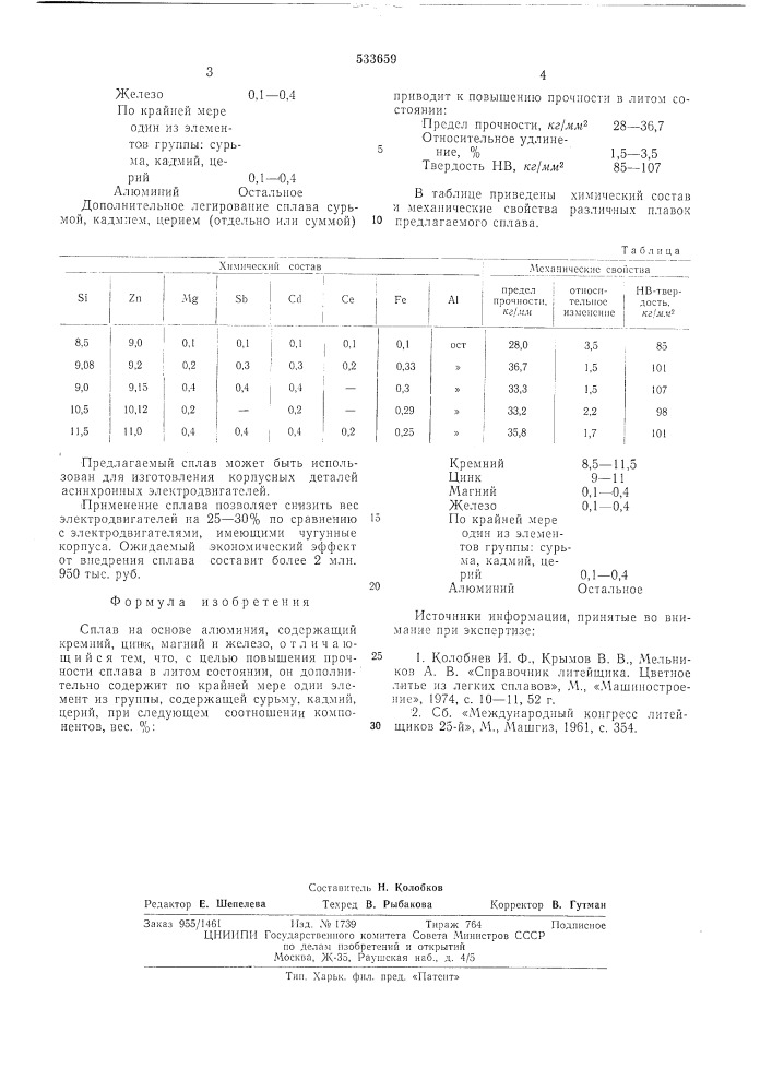 Сплав на основе алюминия (патент 533659)