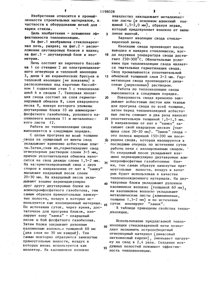Тепловая изоляция свода стекловаренной печи (патент 1198028)