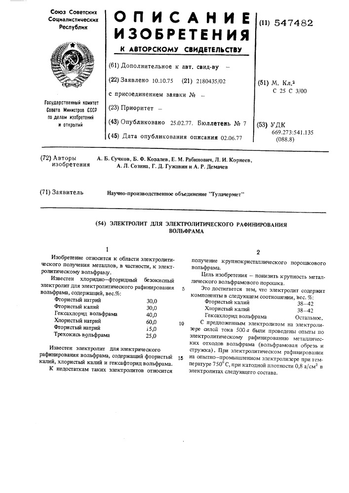 Электролит для электролитического рафинирования вольфрама (патент 547482)