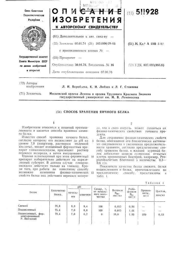 Способ хранения яичного белка (патент 511928)