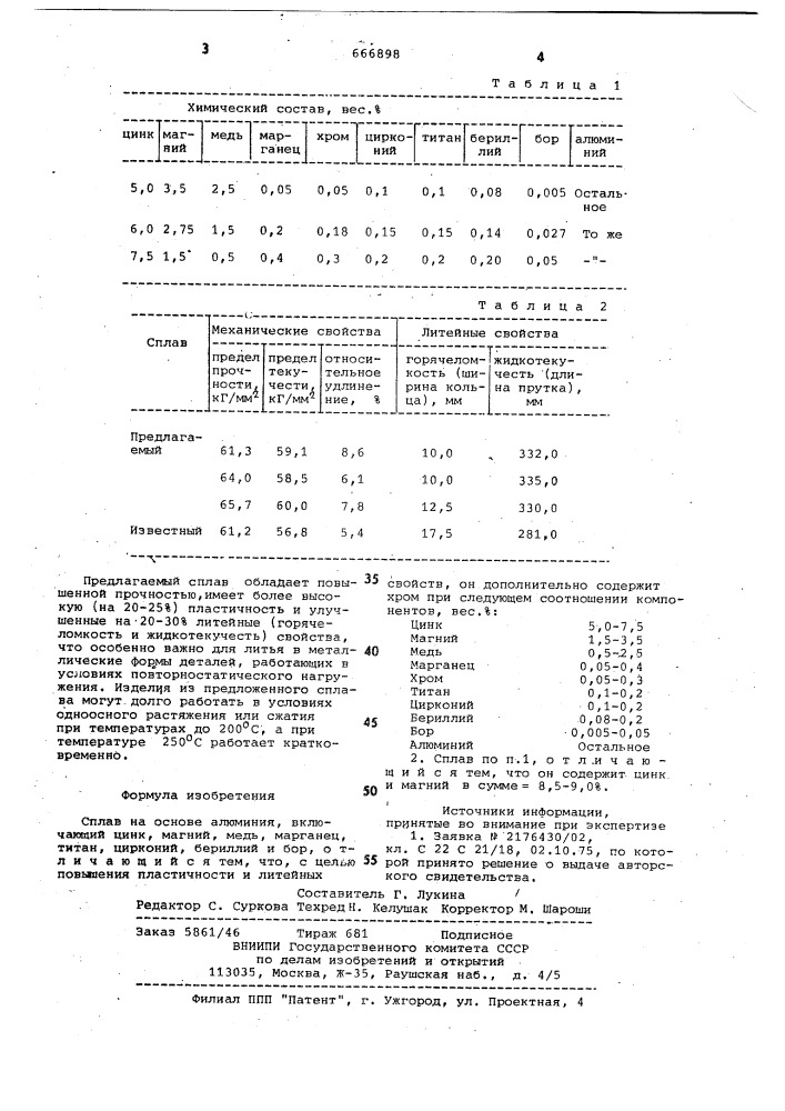 Сплав на основе алюминия (патент 666898)