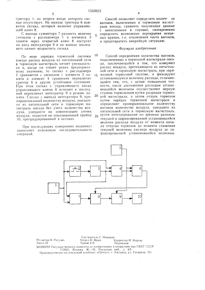 Способ определения количества вагонов, подключенных к тормозной магистрали поезда (патент 1533923)
