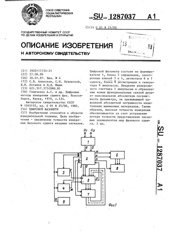 Цифровой фазометр (патент 1287037)