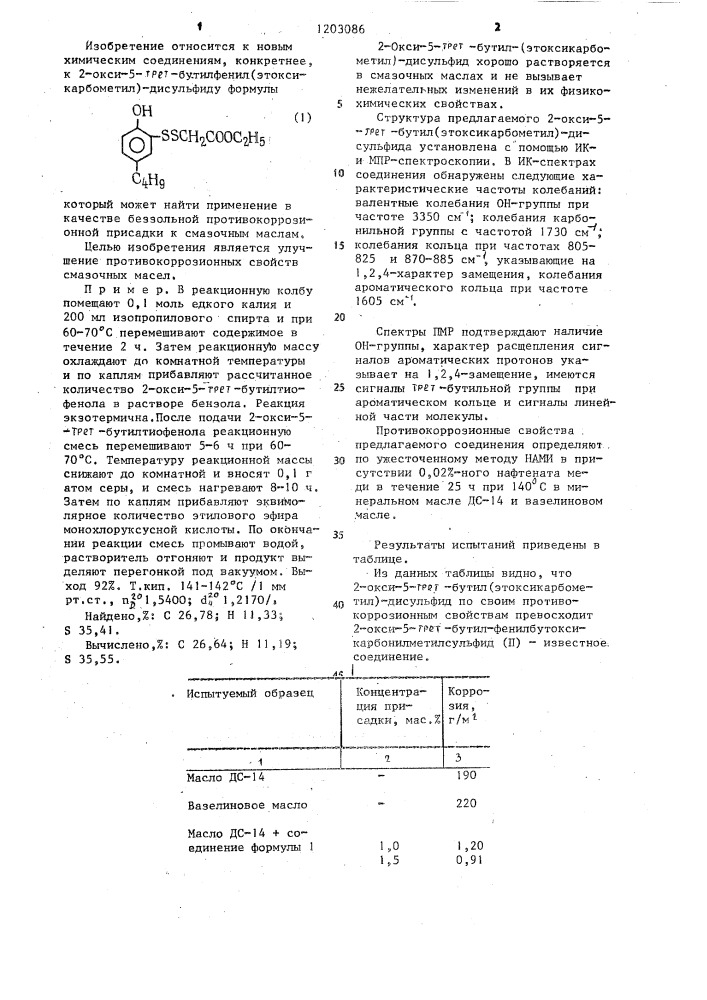 2-окси-5-трет-бутилфенил(этоксикарбометил)-дисульфид в качестве беззольной противокоррозионной присадки к смазочным маслам (патент 1203086)