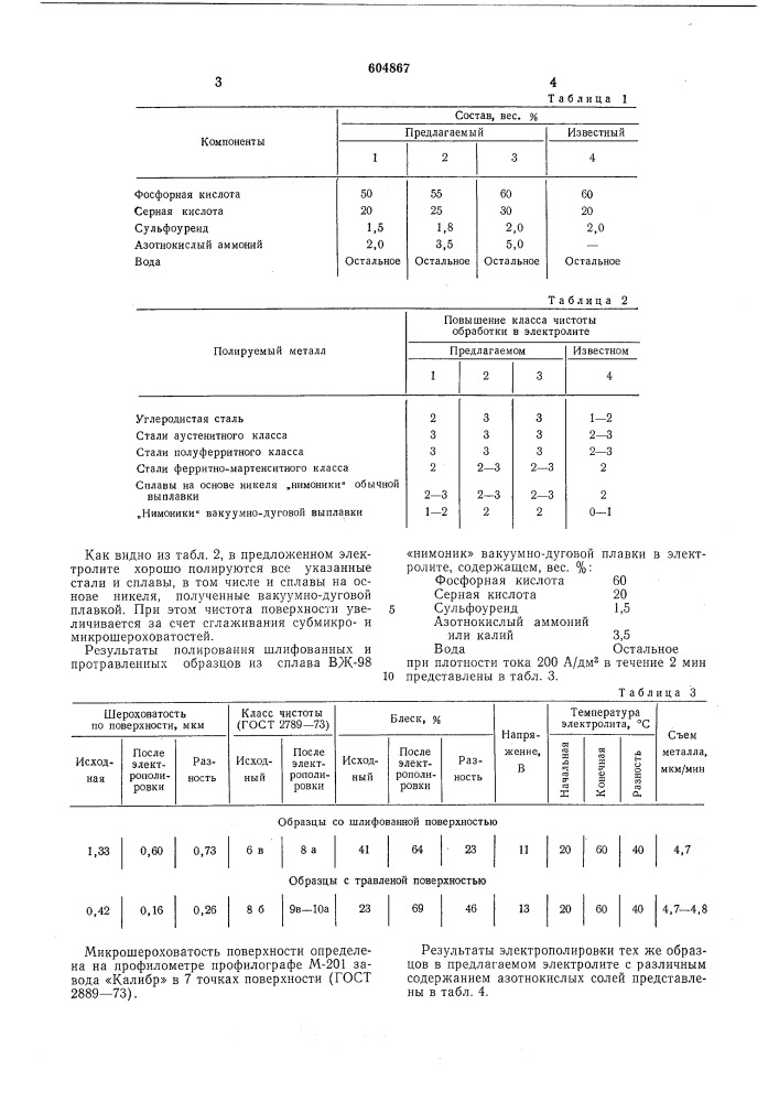 Электролит для полирования металлических поверхностей (патент 604867)