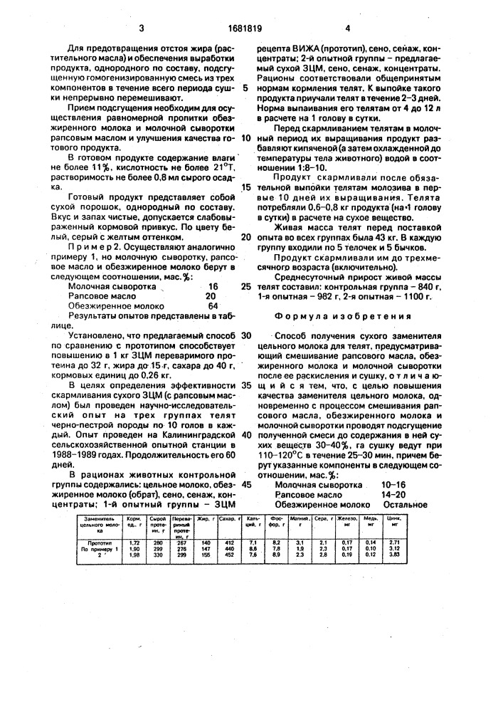 Способ получения сухого заменителя цельного молока для телят (патент 1681819)