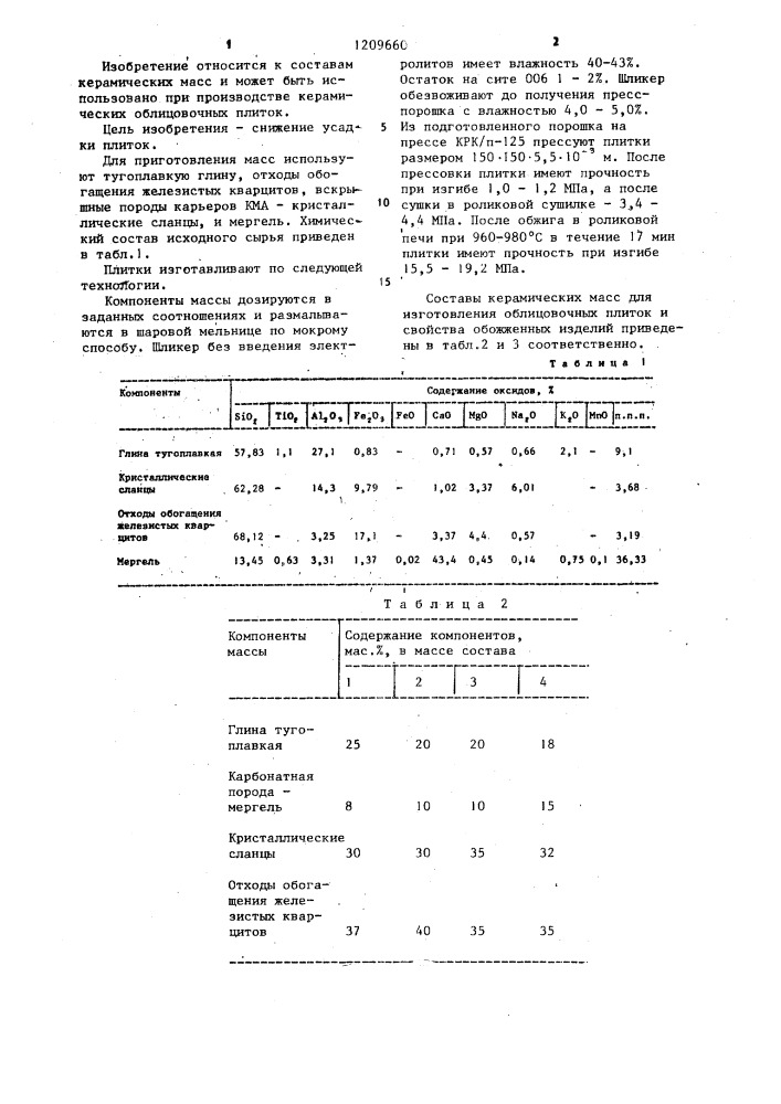 Керамическая масса для изготовления облицовочных плиток (патент 1209660)