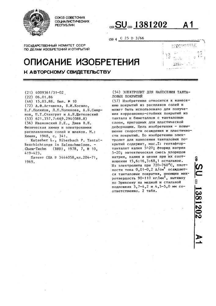 Электролит для нанесения танталовых покрытий (патент 1381202)