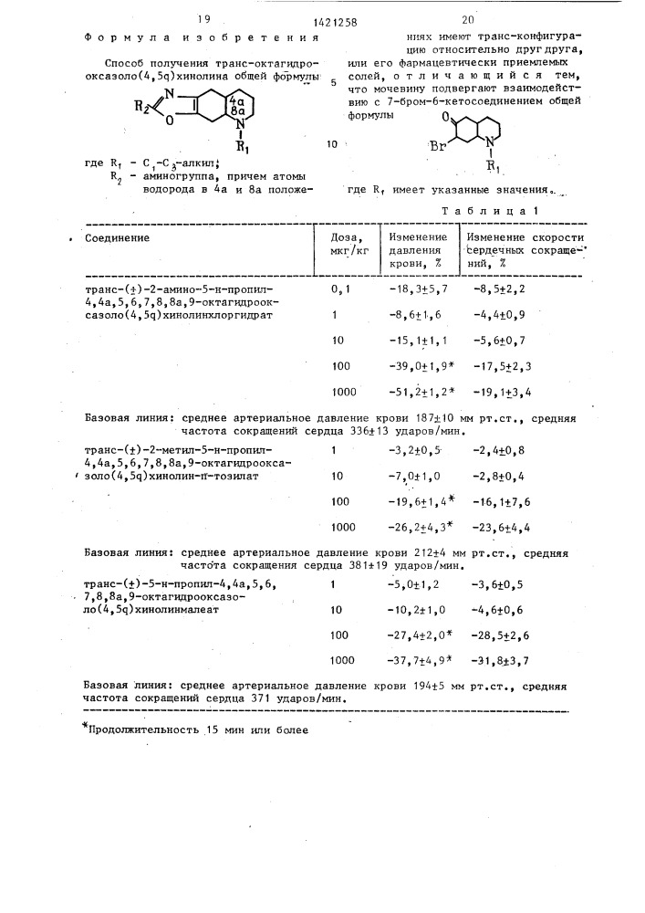 Способ получения транс-октагидрооксазоло(4,5 @ )хинолина или его фармацевтически приемлемых солей (патент 1421258)