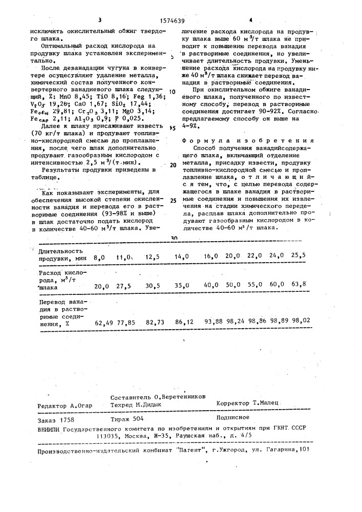 Способ получения ванадийсодержащего шлака (патент 1574639)