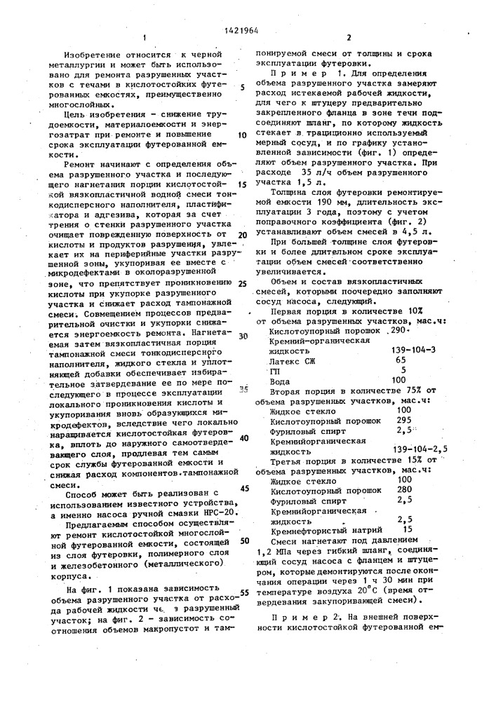 Способ ремонта кислотостойкой футеровки емкости (патент 1421964)