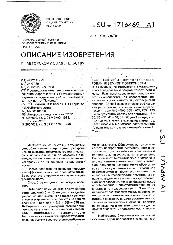 Способ дистанционного зондирования земной поверхности (патент 1716469)