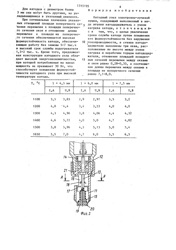 Катодный узел электронно-лучевой пушки (патент 1315195)