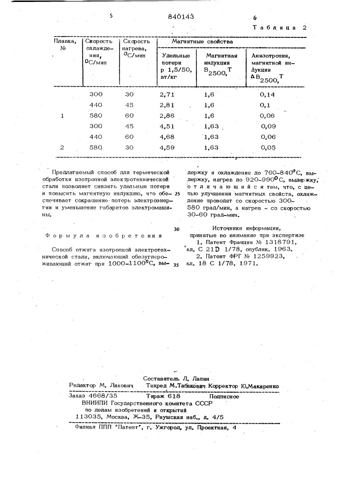 Способ отжига изотропной электро-технической стали (патент 840143)