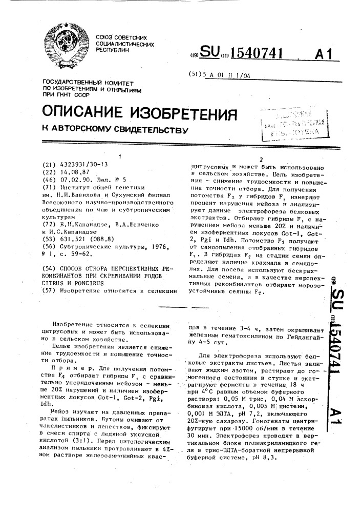 Способ отбора перспективных рекомбинантов при скрещивании родов сiтrus и poncirus (патент 1540741)
