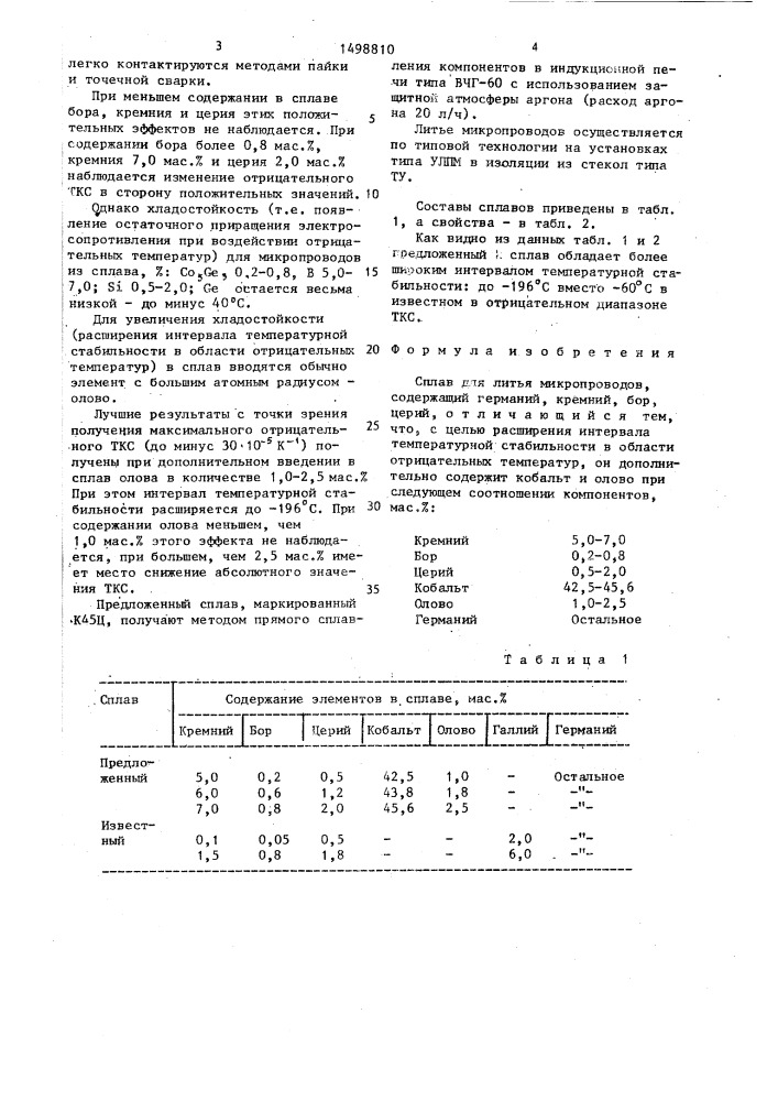 Сплав для литья микропроводов (патент 1498810)