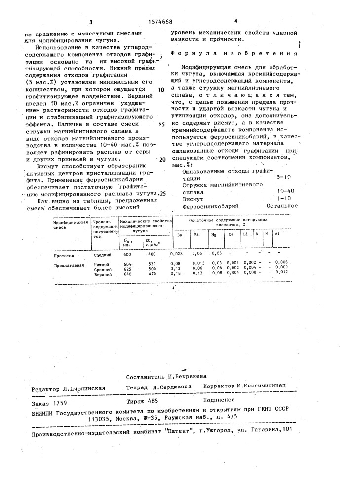 Модифицирующая смесь для обработки чугуна (патент 1574668)