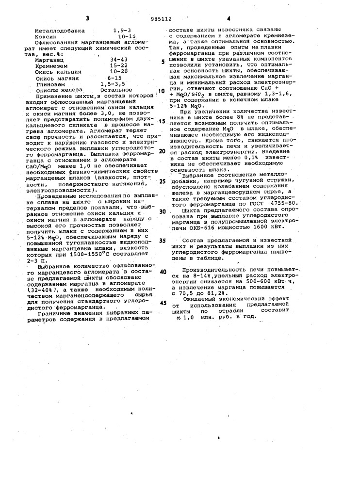 Шихта для выплавки углеродистого ферромарганца (патент 985112)