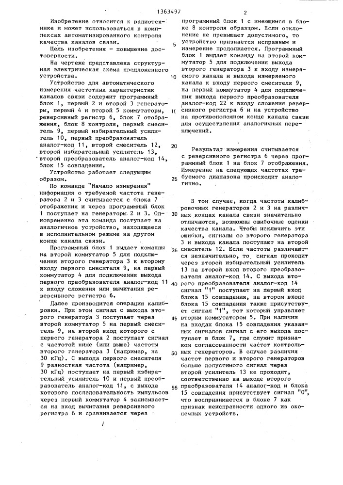 Устройство для автоматического измерения частотных характеристик каналов связи (патент 1363497)