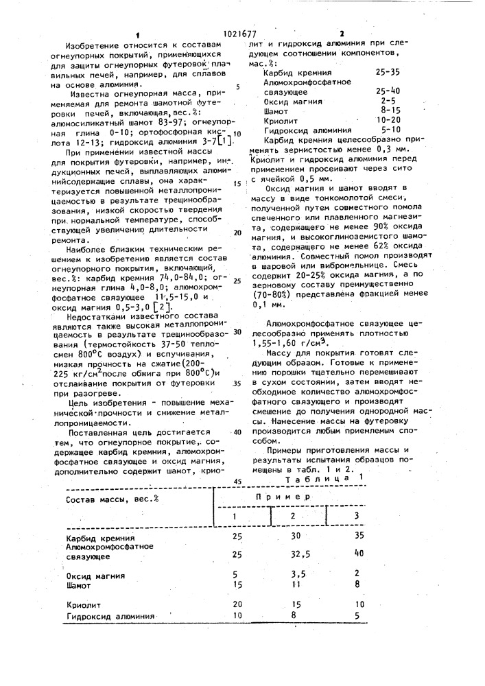 Огнеупорное покрытие (патент 1021677)