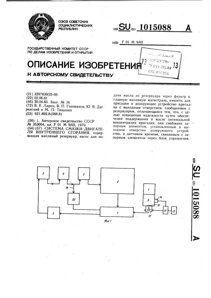 Система смазки двигателя внутреннего сгорания (патент 1015088)