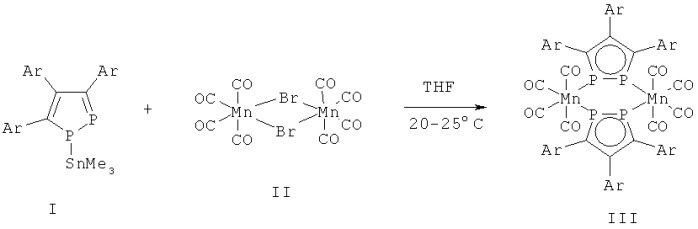 Способ получения биядерных 3,4,5-триарил-1,2-дифосфациклопентадиенидных комплексов марганца (патент 2515559)