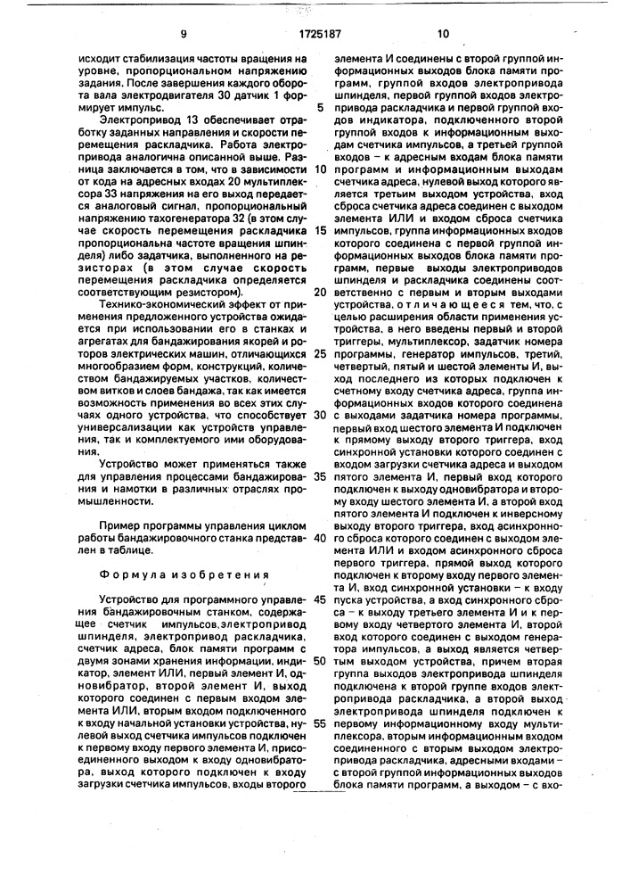 Устройство для программного управления бандажировочным станком (патент 1725187)