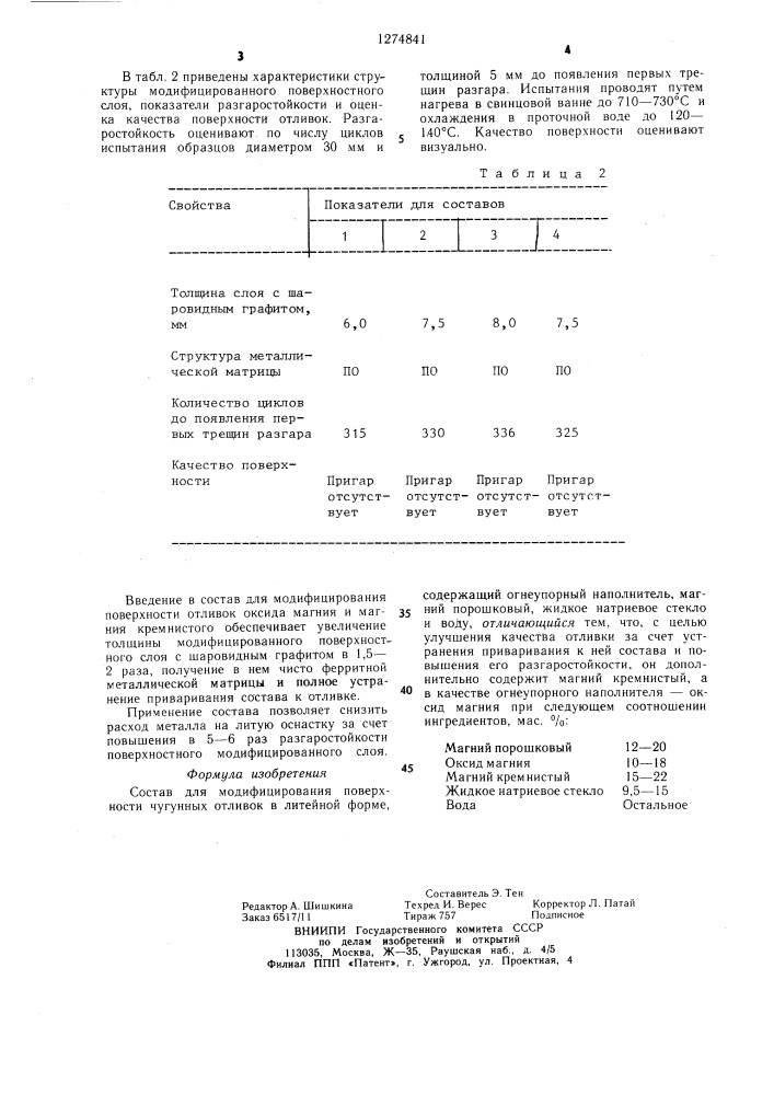 Состав для модифицирования поверхности чугунных отливок в литейной форме (патент 1274841)