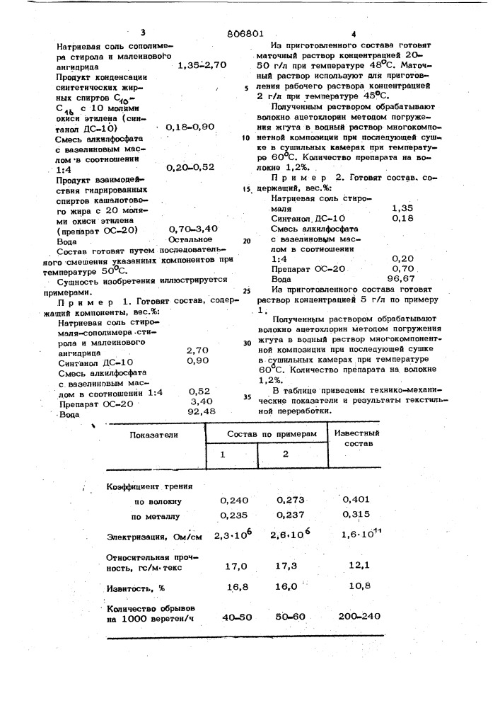 Состав для обработки химическоговолокна (патент 806801)