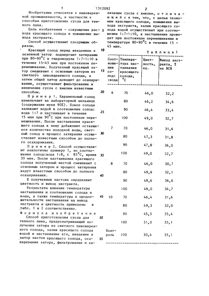 Способ приготовления сусла для темного пива (патент 1312092)