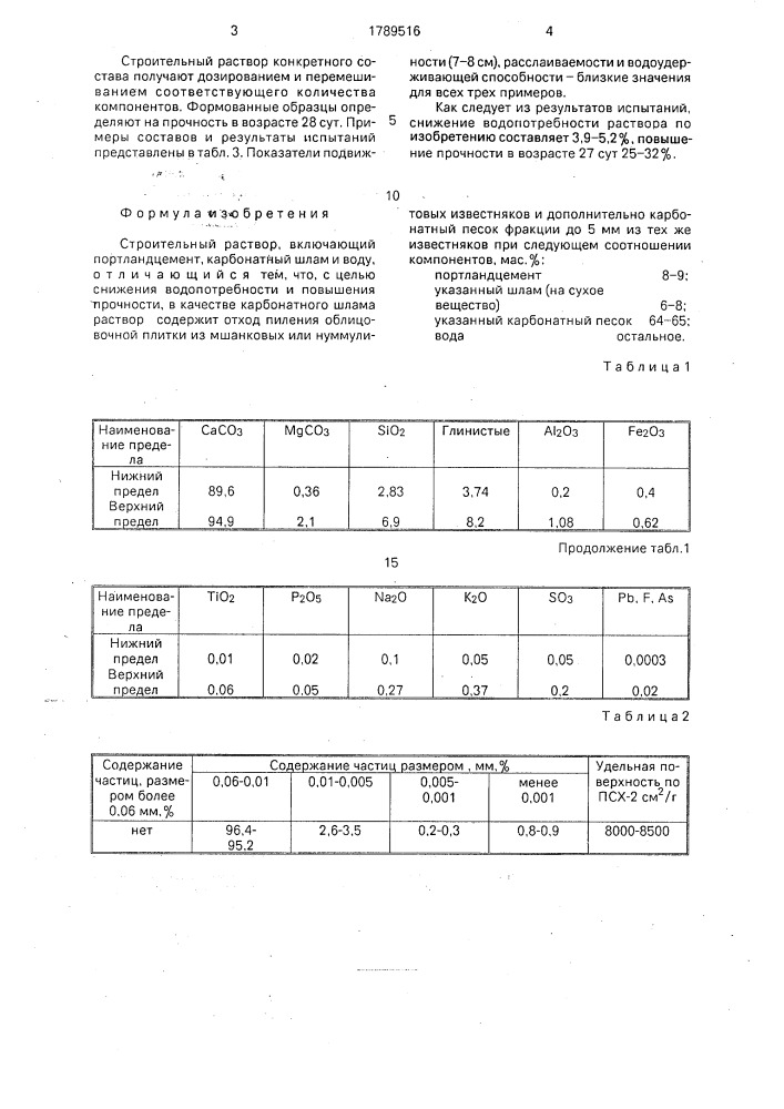 Строительный раствор (патент 1789516)