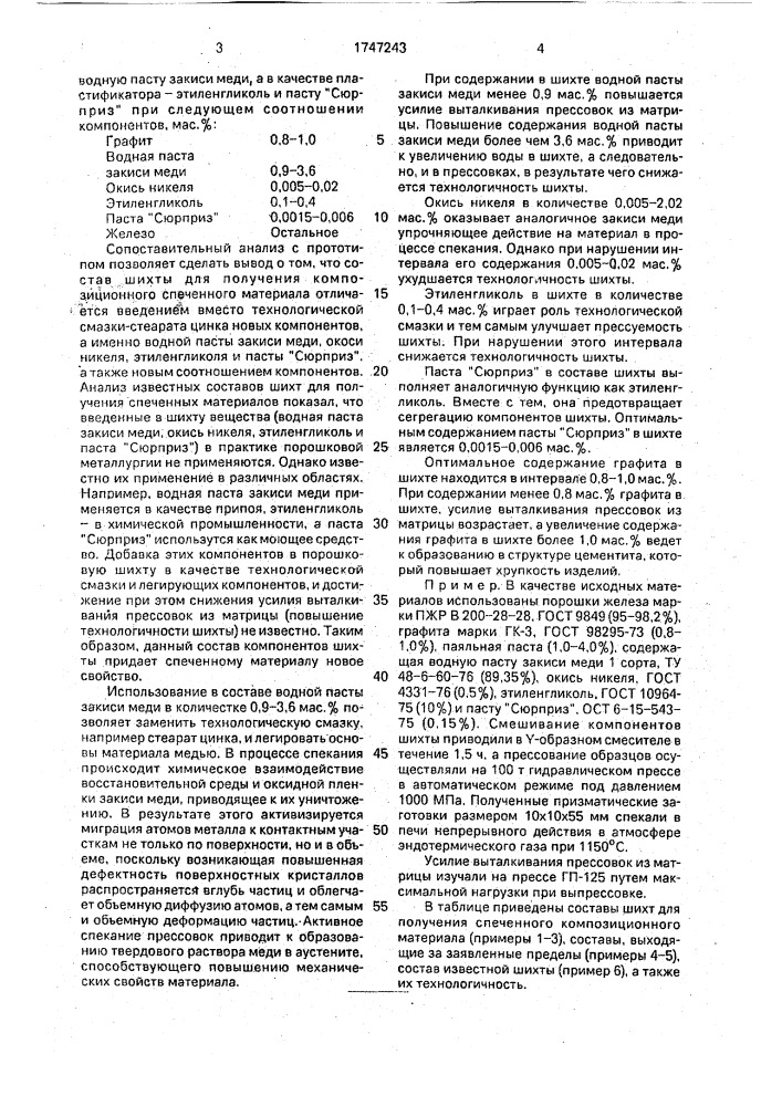 Шихта для получения спеченного композиционного материала на основе железа (патент 1747243)