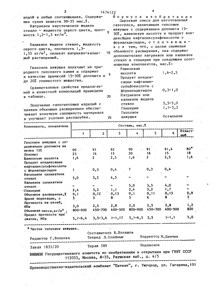 Сырьевая смесь для изготовления газогипса (патент 1474122)