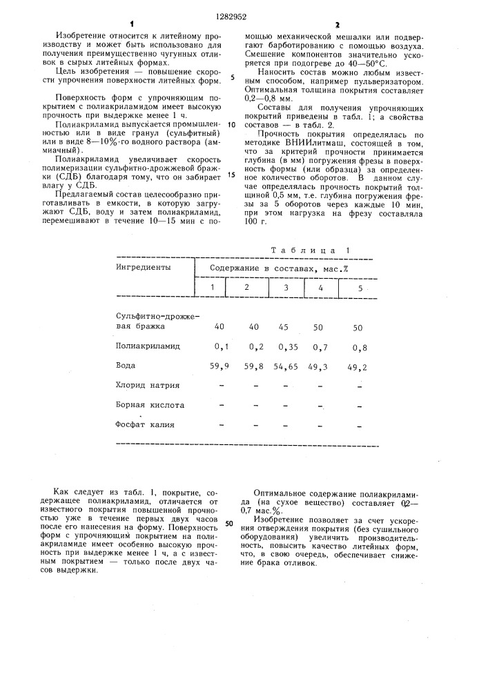 Состав для получения упрочняющего покрытия литейных форм (патент 1282952)