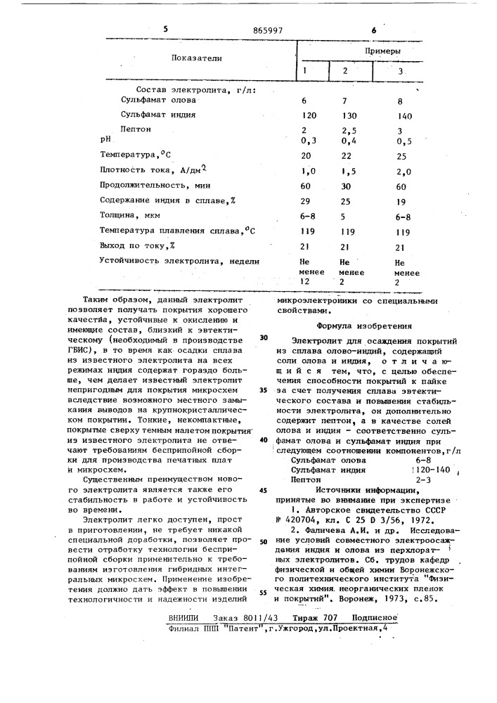 Электролит для осаждения покрытий из сплава олово-индий (патент 865997)