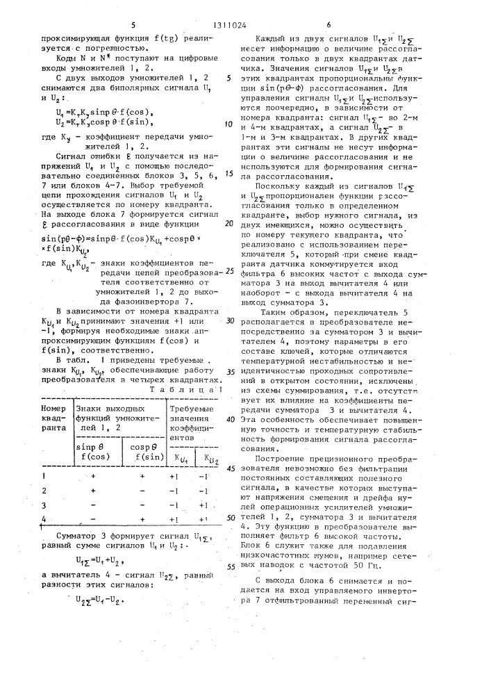 Преобразователь угловых перемещений в код (патент 1311024)