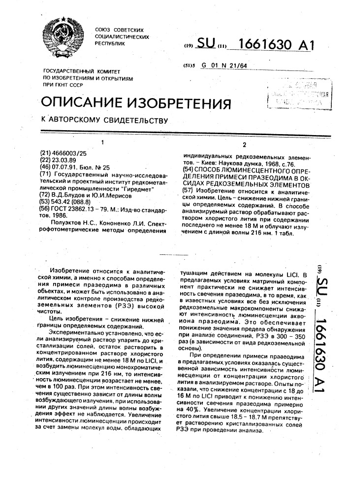 Способ люминесцентного определения примеси празеодима в оксидах редкоземельных элементов (патент 1661630)