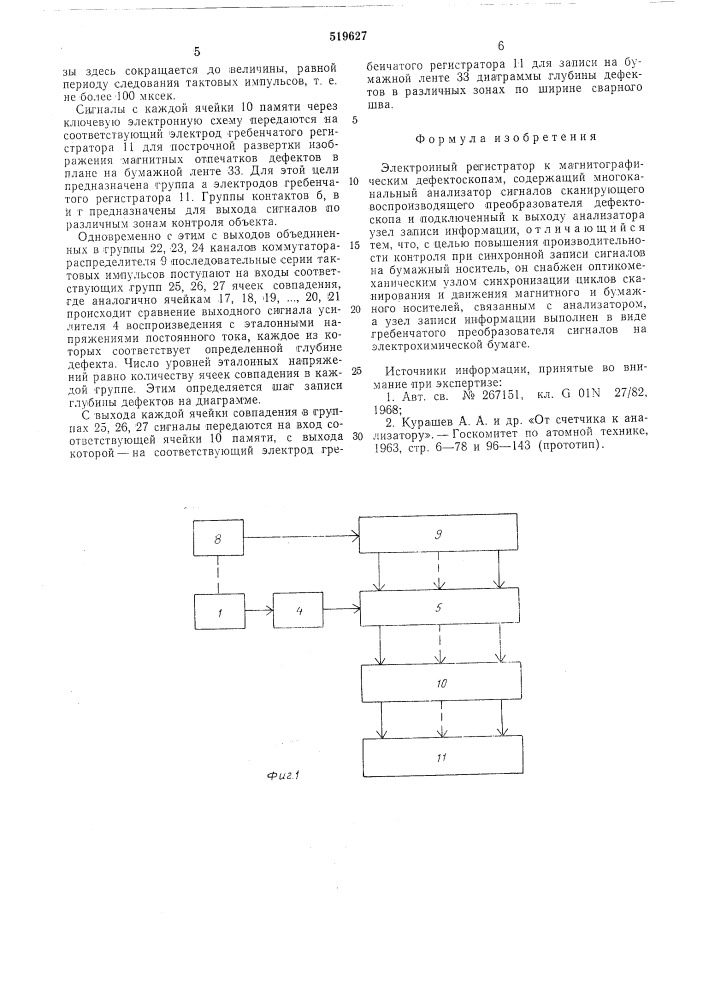 Электронный регистратор к магнитографическим дефектоскопам (патент 519627)