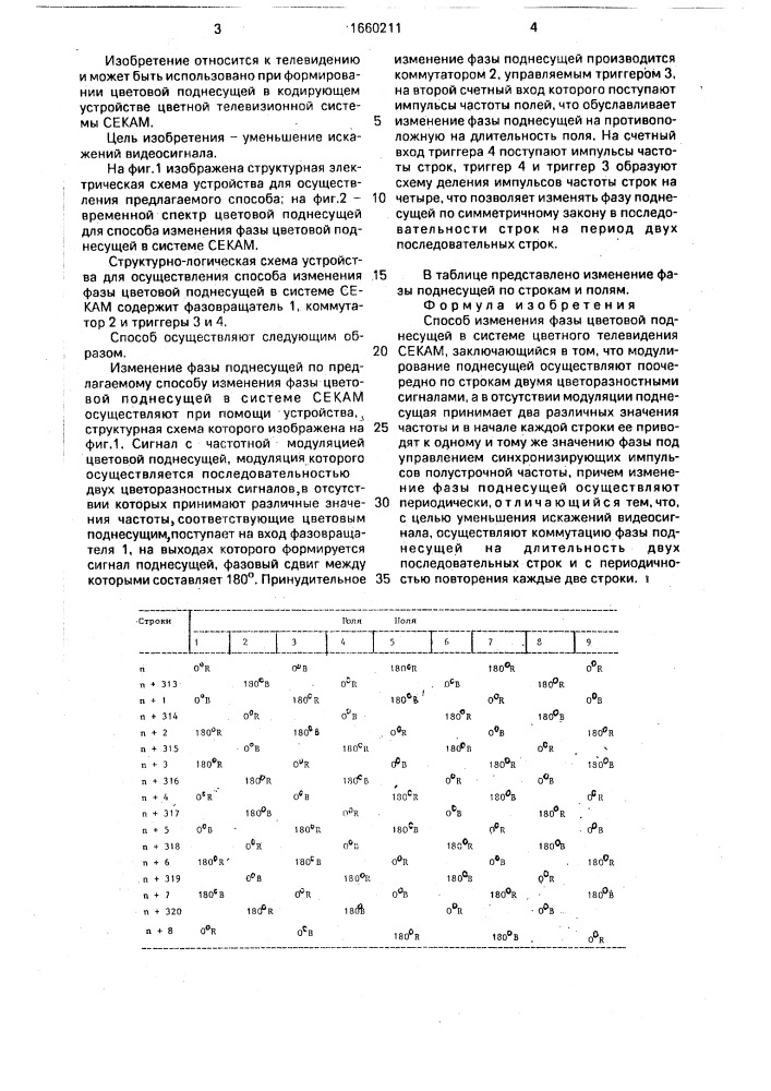 Способ изменения фазы цветной поднесущей в системе цветного телевидения секам (патент 1660211)